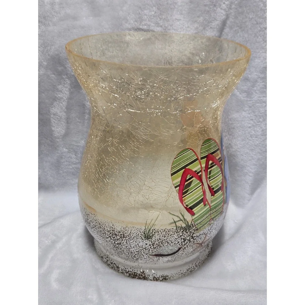 Boscovs Crackled Glass Beach Flip Flops Hurricane Candle Holder Vase V3840BV
